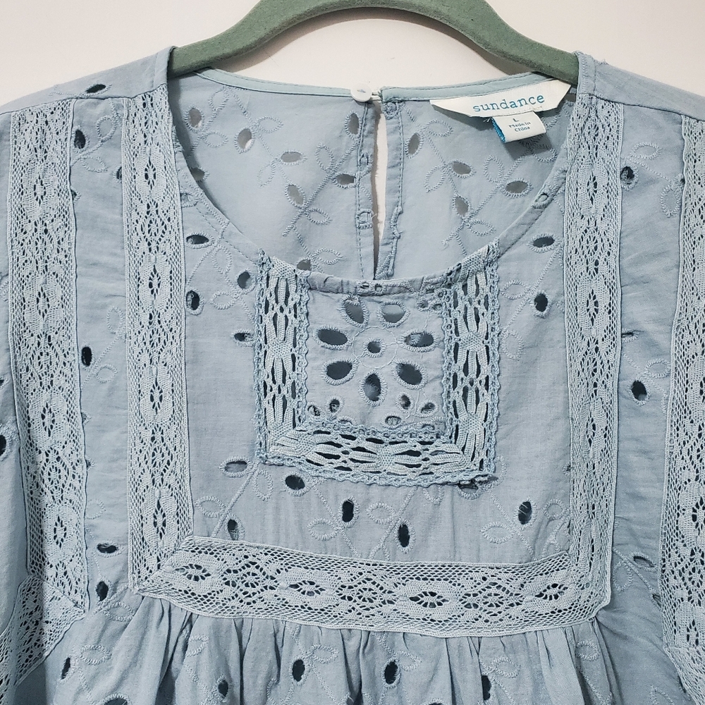 Womens Light Blue Eyelet Lace Peasant Top - Picture 3 of 9